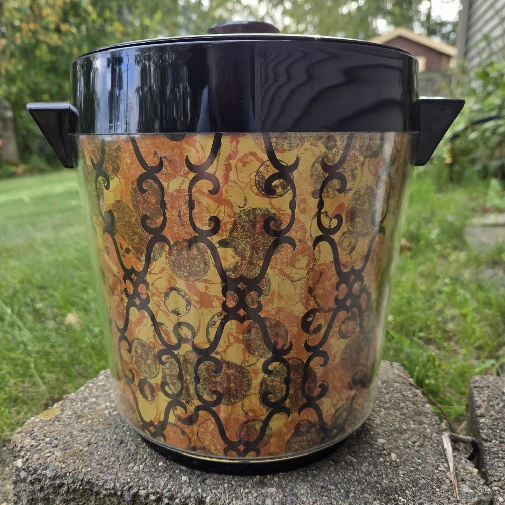 Vtg Thermo-Serve Ice Bucket Gold & Black Tapestry Plastic MCM W/ Lid West Bend